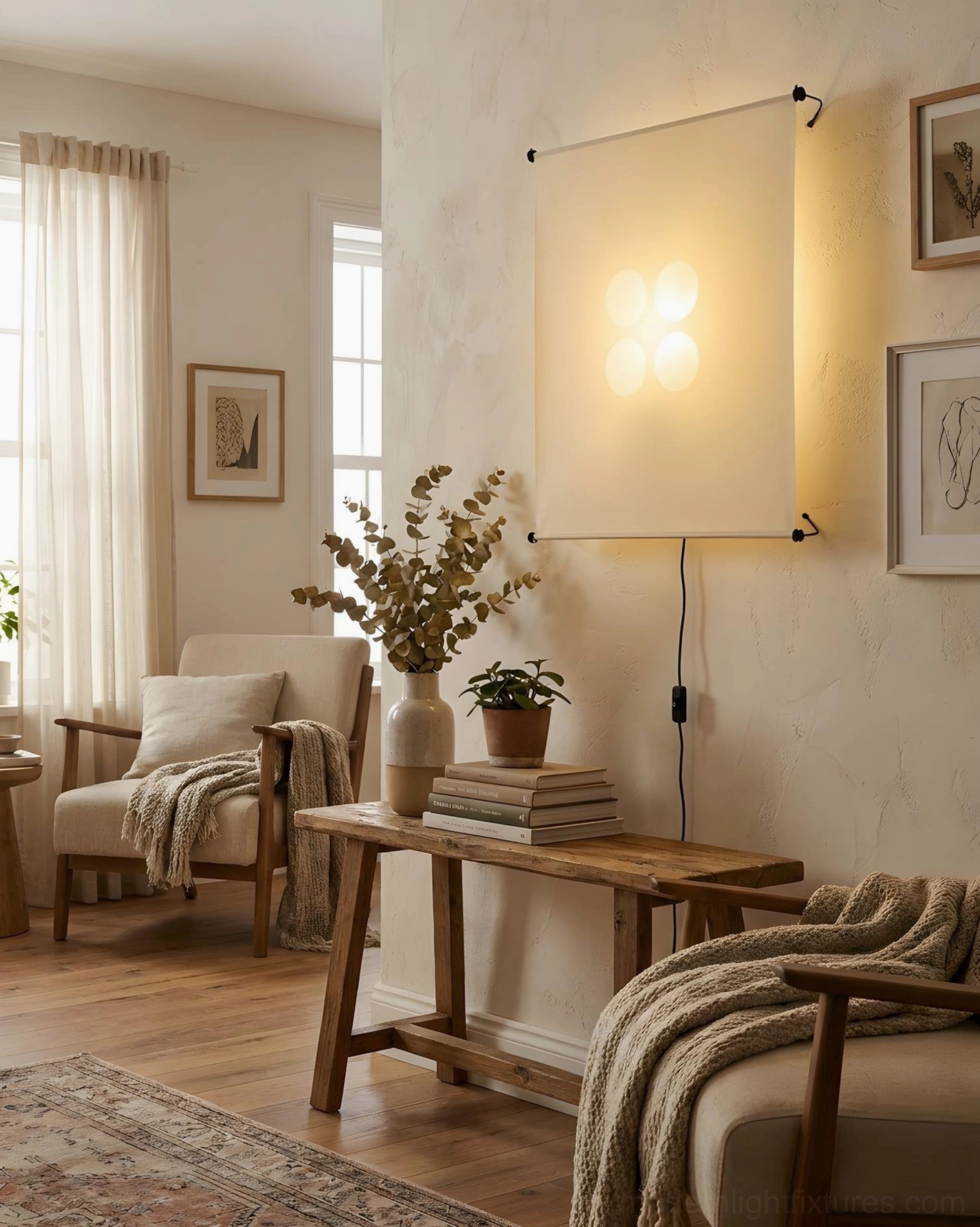 Silque wall-mounted Washi paper light in cozy lounge with wooden furniture and knit textiles, warm ambient illumination