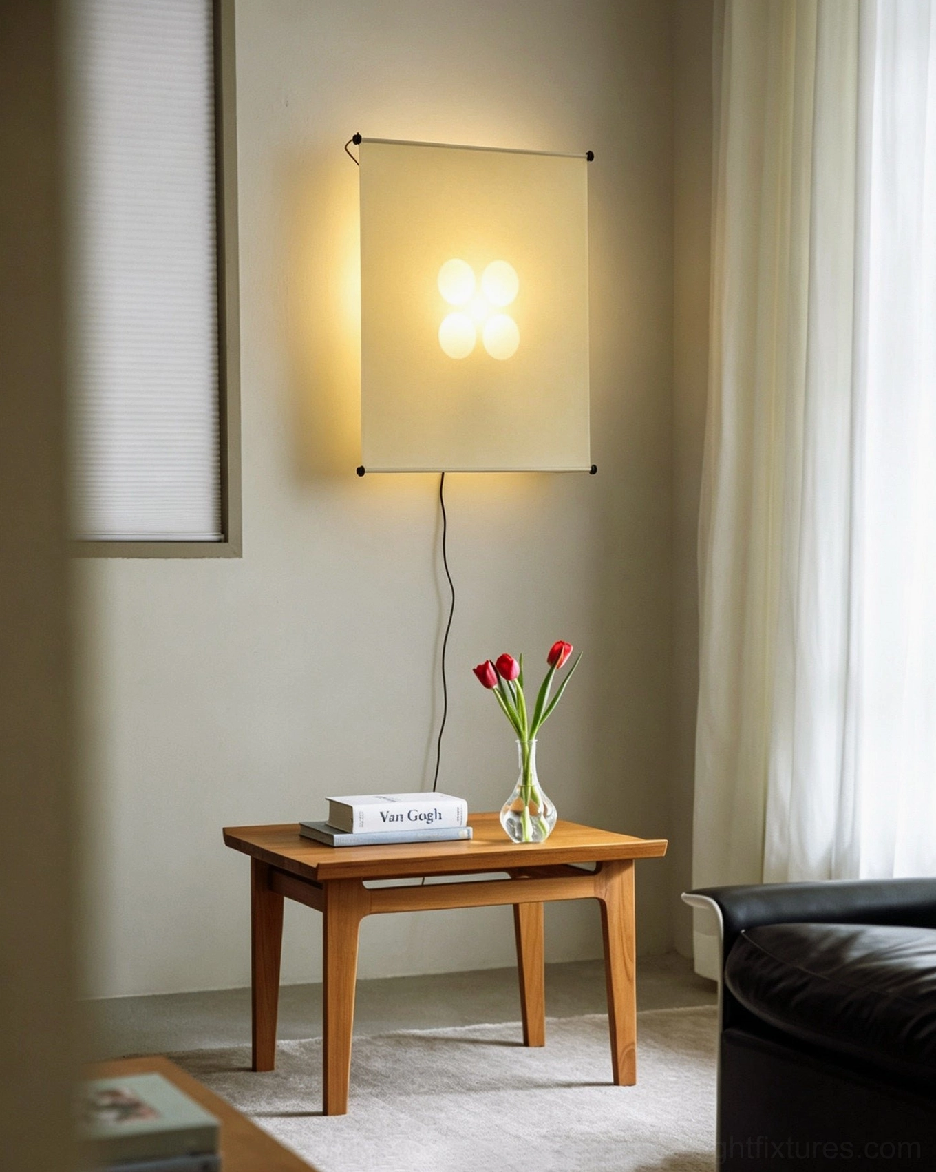 Silque wall sconce installed in modern living room corner, beige Washi paper with exposed black cord, wooden side table styling