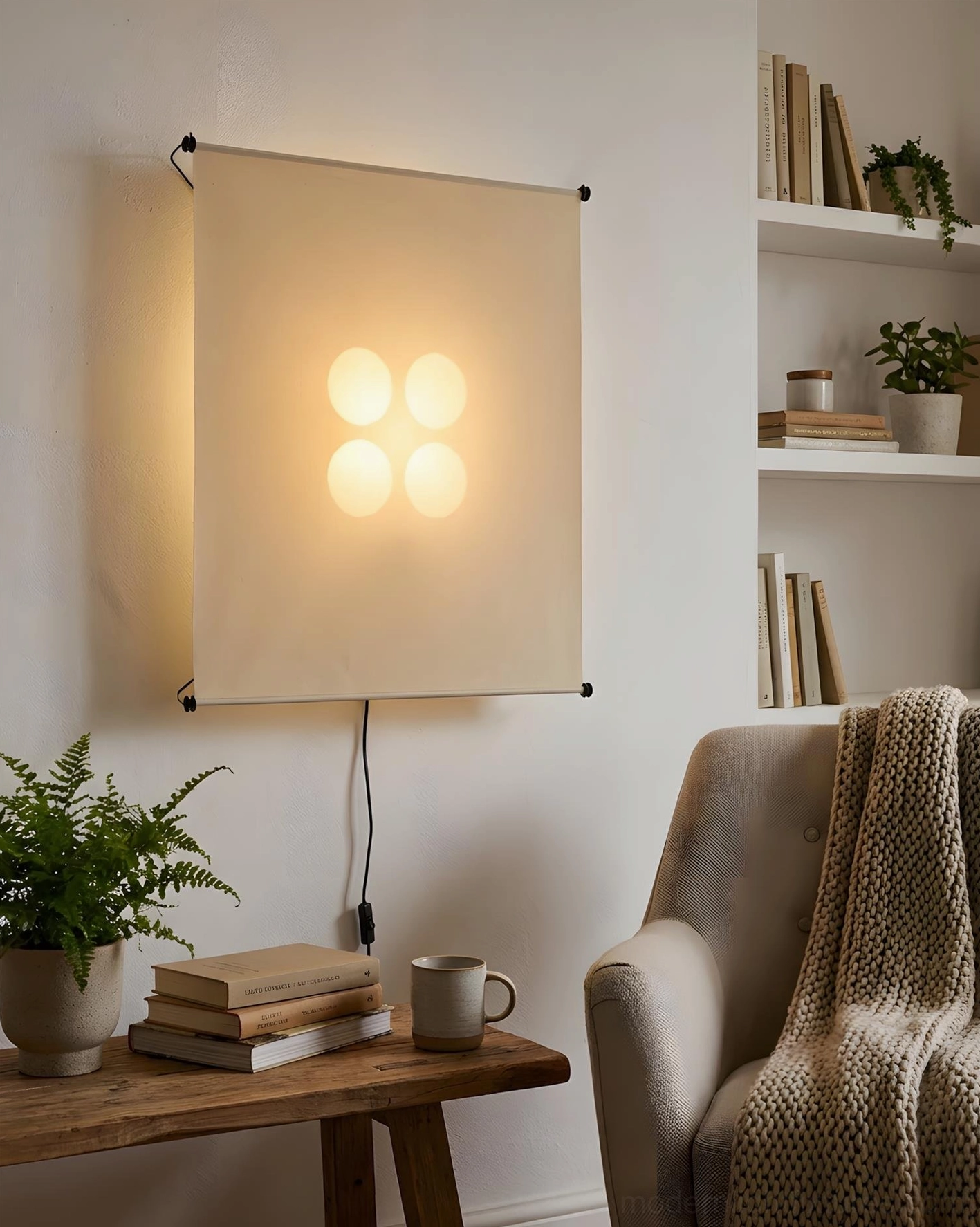 Silque wall-mounted Washi paper light in reading nook with upholstered chair and potted plant, soft diffused illumination