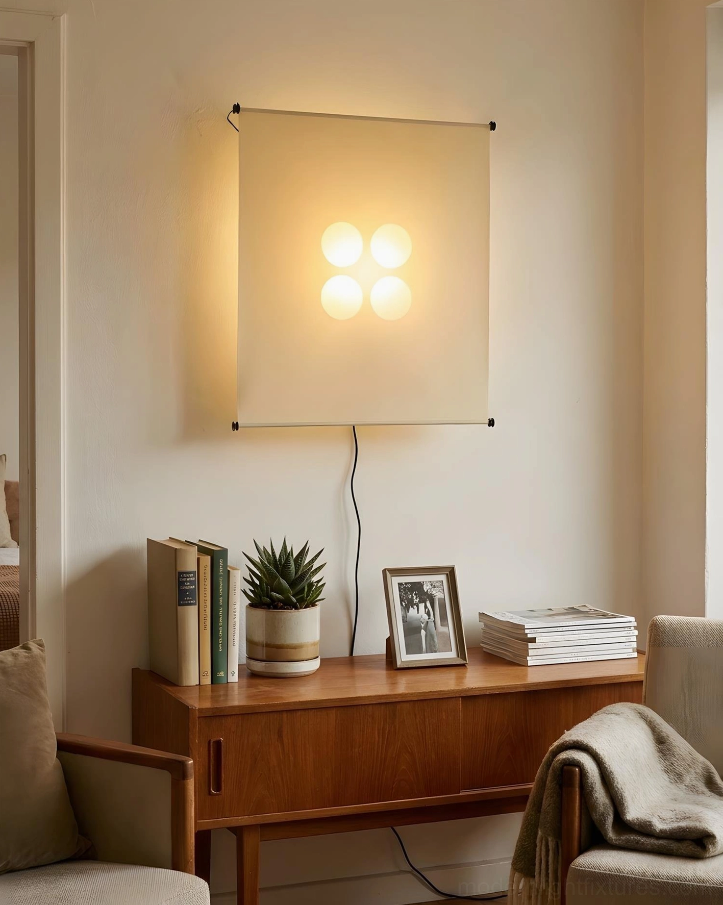 Silque wall-mounted Washi light with warm white LED illumination showing even light diffusion across artisanal paper screen