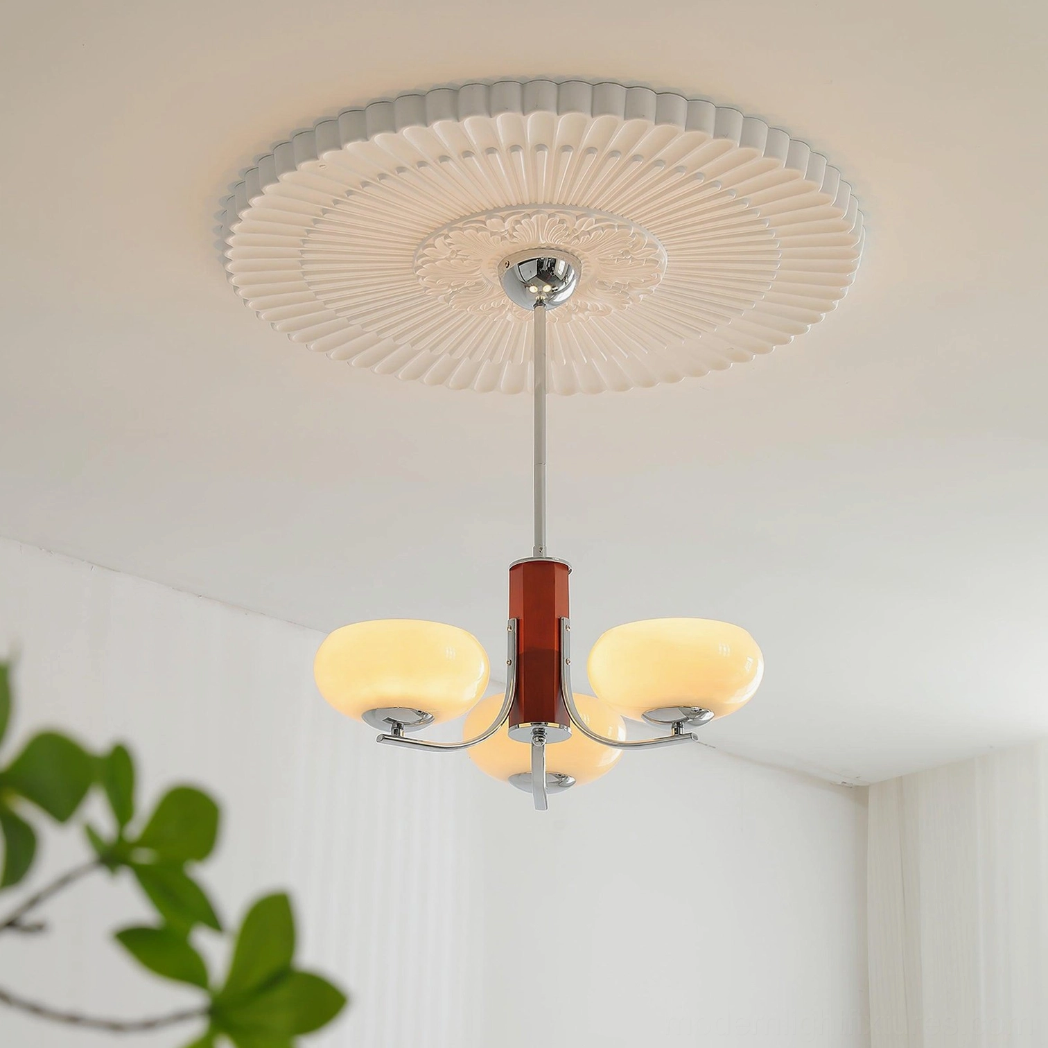Silver and beige Larenta Rico 3-head chandelier featuring silver metal framework with beige opal glass shades