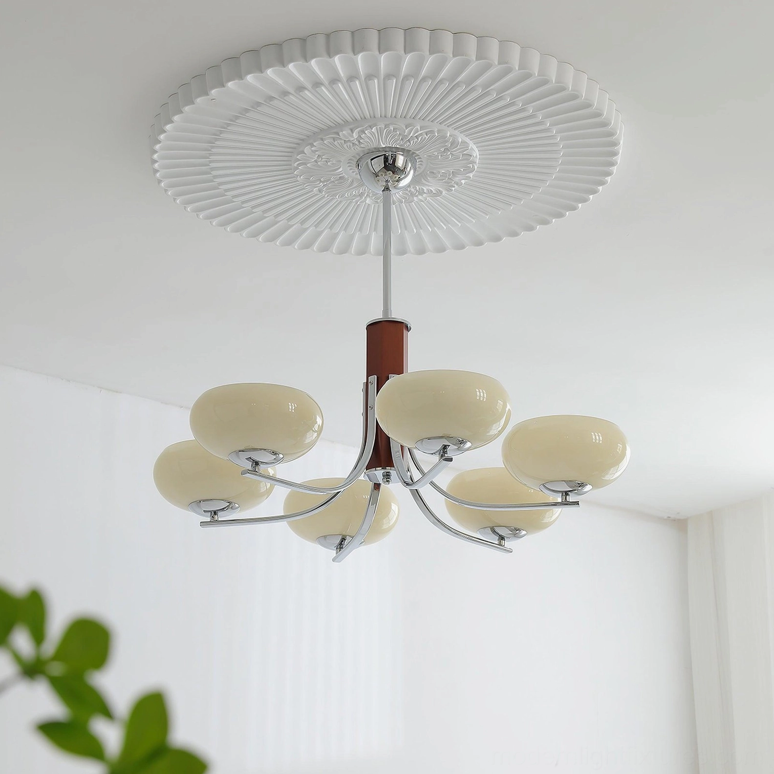 Silver and beige Larenta Rico 6-head chandelier with silver metal arms, wood center, and beige glass shades