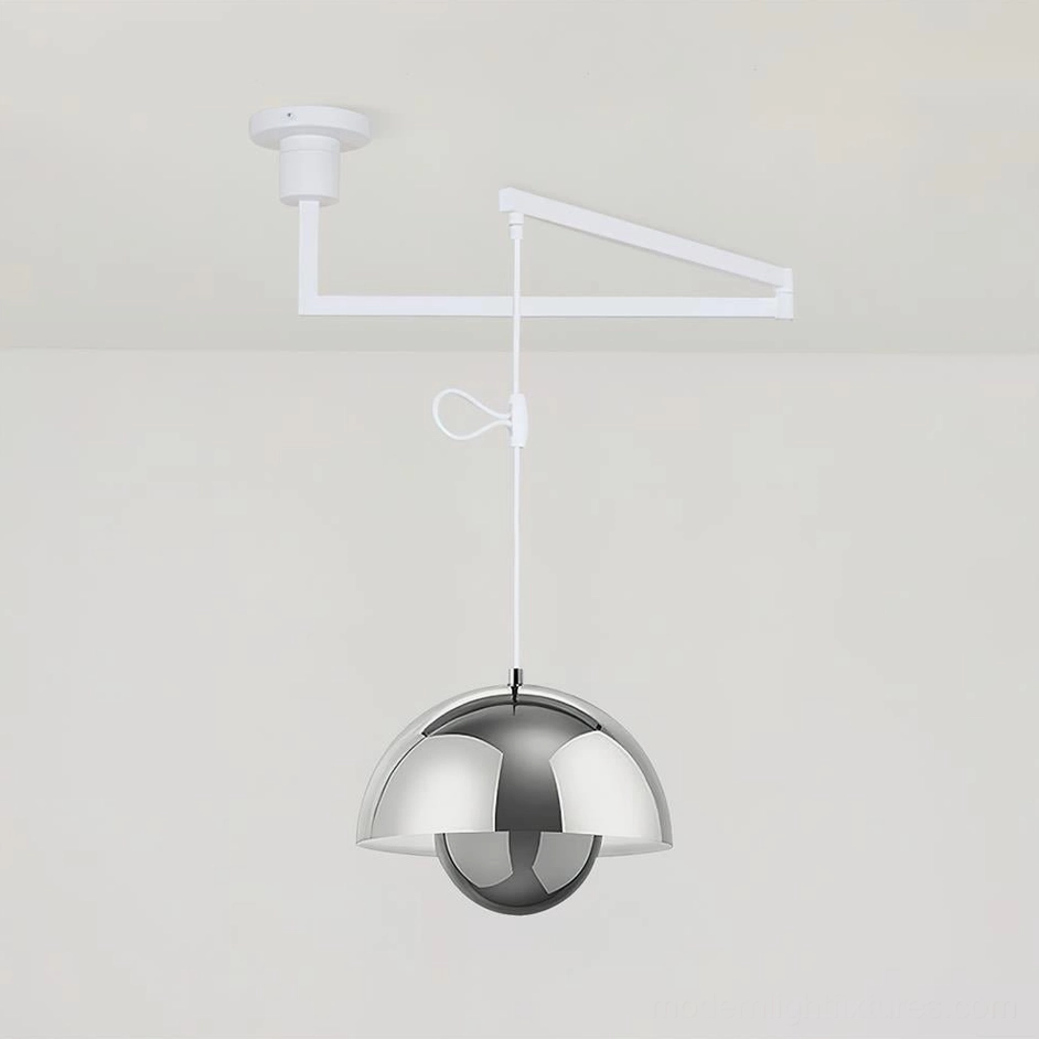 Silver chrome swing arm pendant light metallic dome shade modern fixture