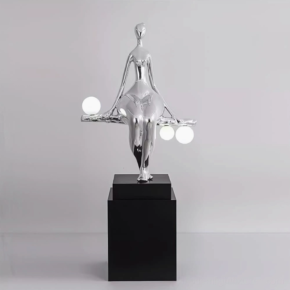Silver glossy human sculpture floor lamp with three frosted orb lights, contemporary minimalist design