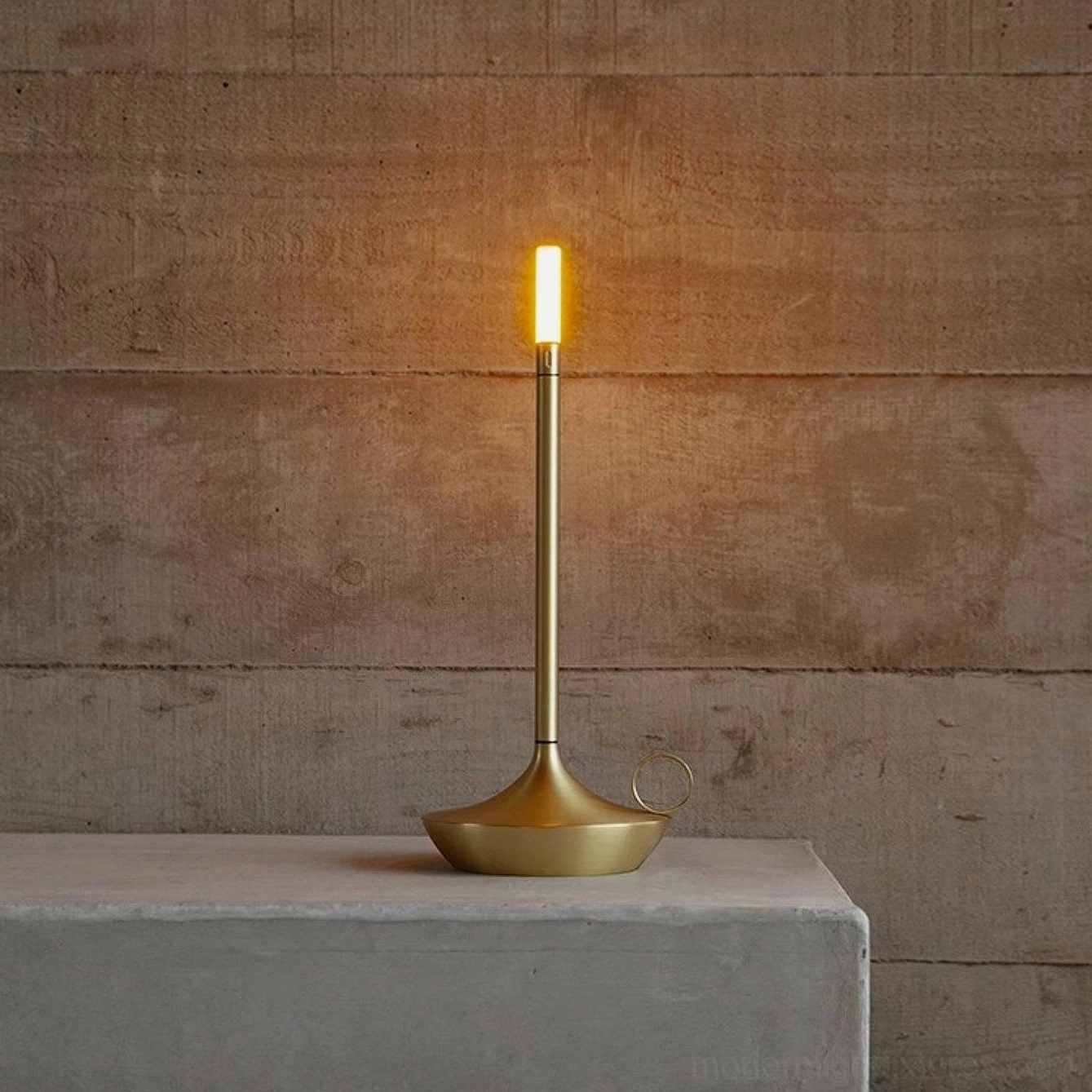 Modern touch control LED table lamp in silver metal finish with Scandinavian minimalist design, studio photography