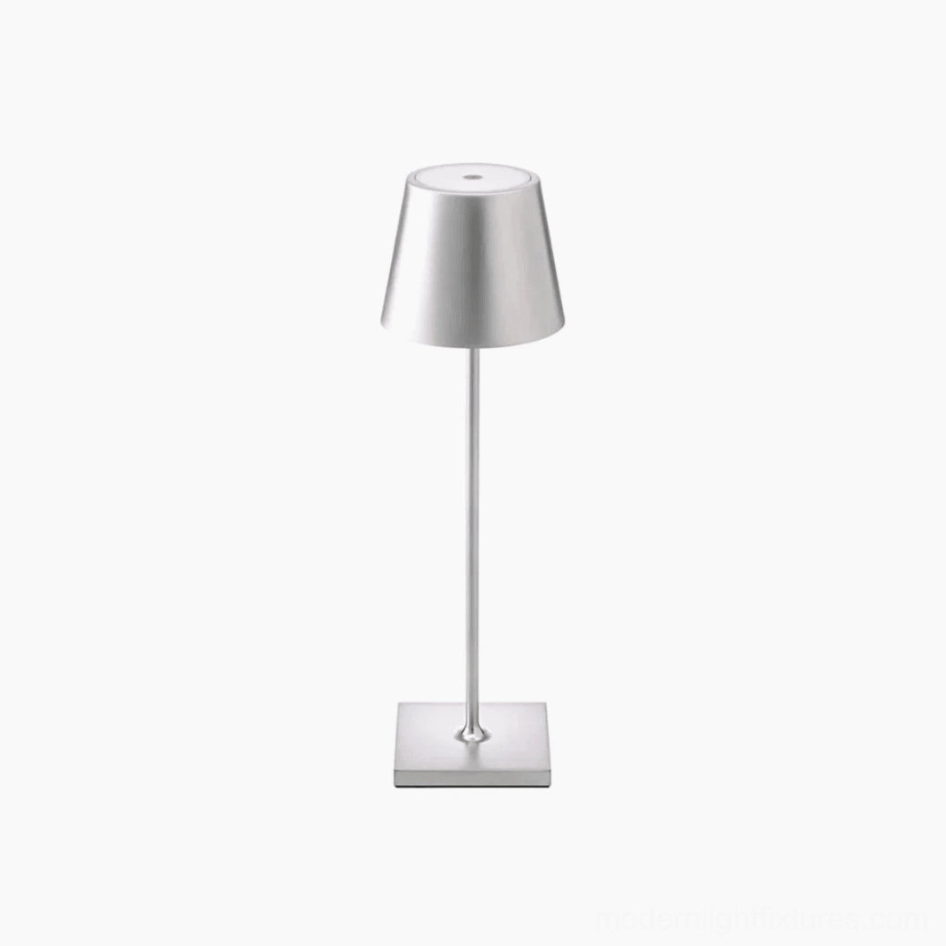 Silver modern minimalist table lamp sleek metal stem square base design