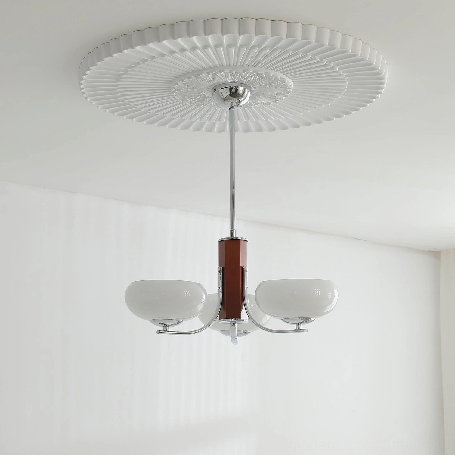 Silver and white Larenta Rico 3-head compact chandelier with silver metal framework and white glass diffusers