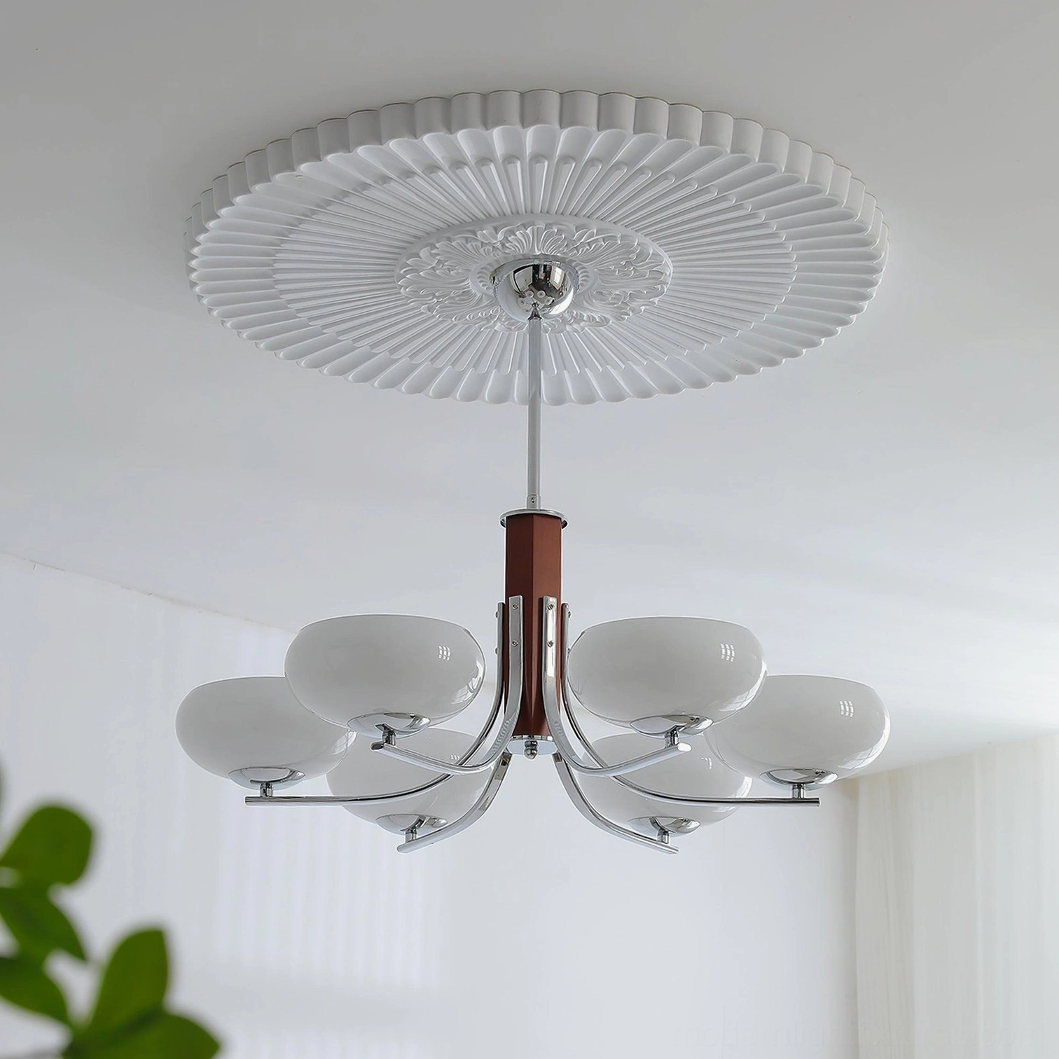 Silver and white Larenta Rico 6-head chandelier featuring silver metalwork, natural wood, and white opal glass