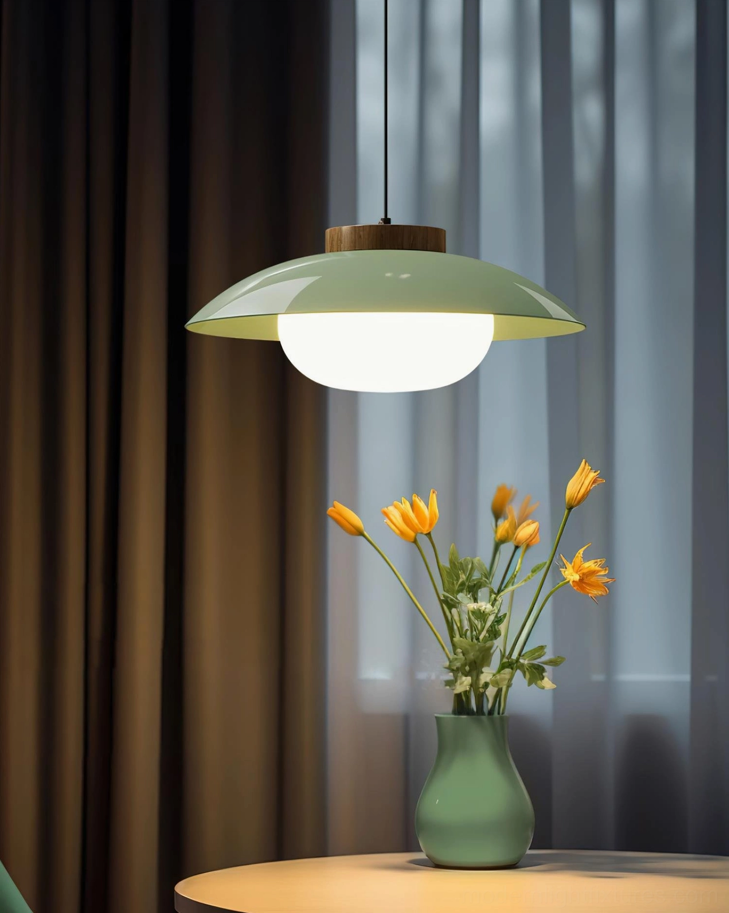 Modern minimalist pendant lamp in sage green over dining table with fresh flower arrangement, Scandinavian interior scene