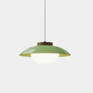 Sima modern pendant light with sage green saucer shade and wood accent on studio white background