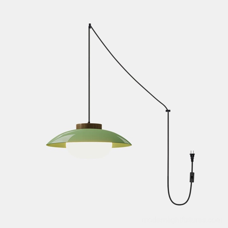 Modern white plug-in pendant lamp with wooden accent, positioned by window with yellow florals in bright minimalist setting