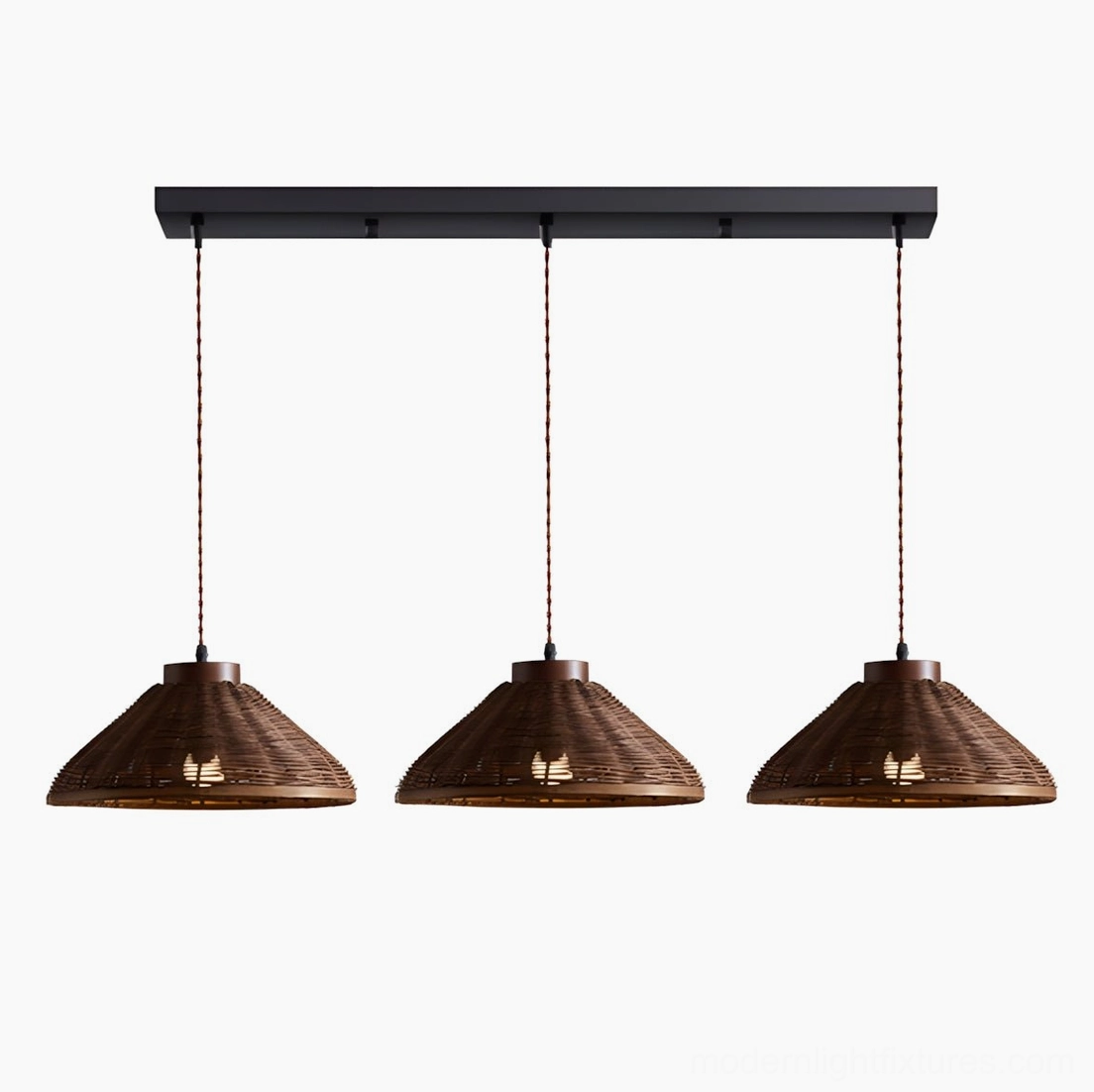 Single handwoven rattan cone pendant on wood ceiling cup, complete fixture assembly detail view
