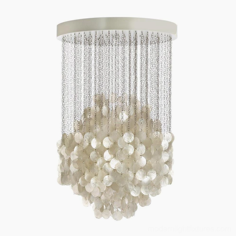 Single-layer white capiz shell pendant chandelier in residential setting with natural ambient environment