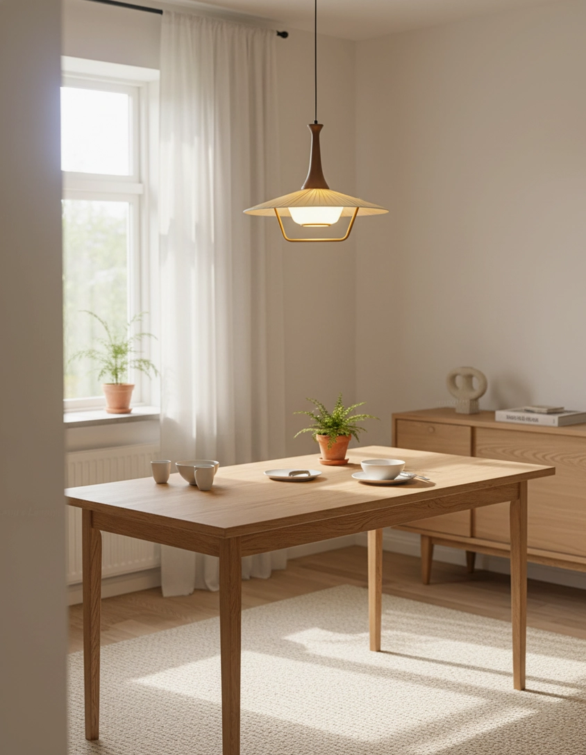 Single pleated pendant lamp above dining table in minimalist Japanese style dining room with light wood furniture