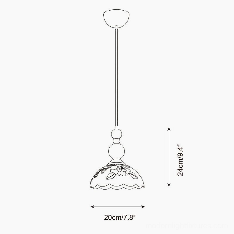Technical specification drawing of single pendant lamp with dimensional measurements