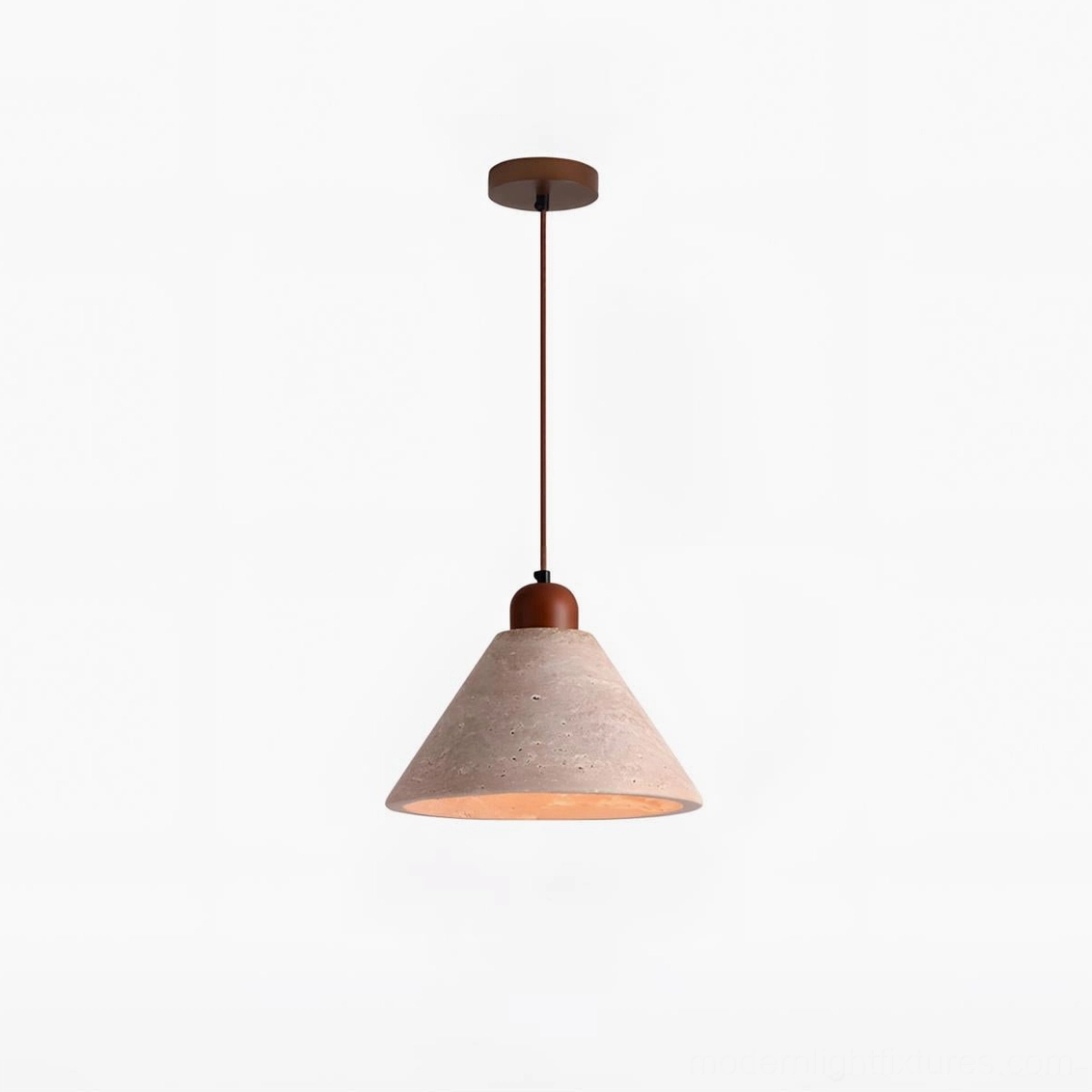 Single travertine cone pendant lamp with warm ambient illumination, demonstrating light diffusion through porous natural stone material