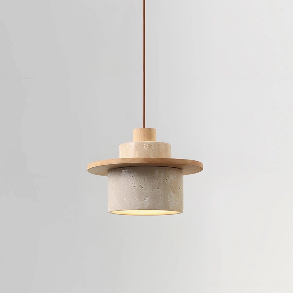 Single travertine pendant light fixture wood color beige stone small size