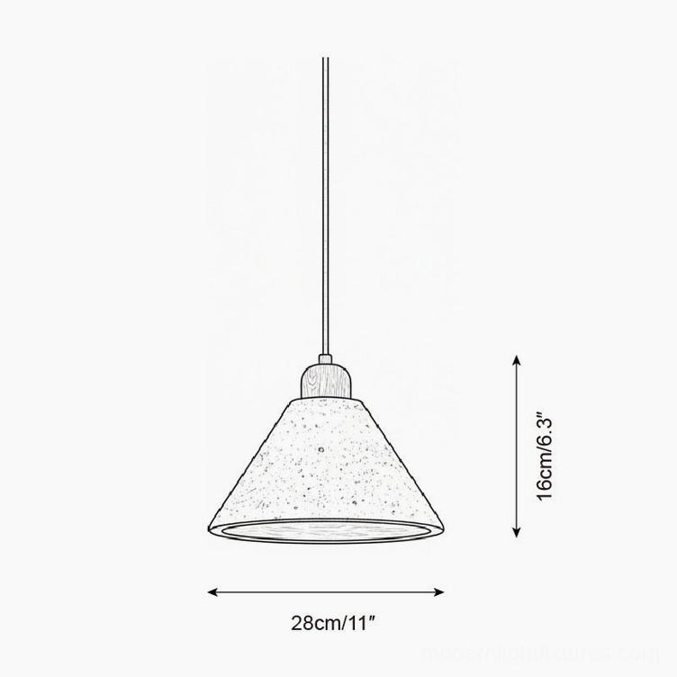 Single travertine pendant lamp technical orthographic drawing showing 28cm diameter and 16cm height cone with 150cm hanging wire dimensions