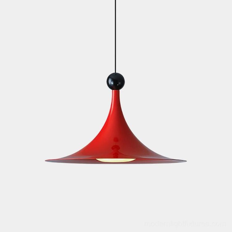 Sirocco modern pendant light with red glossy finish and black sphere top accent, front view on white background