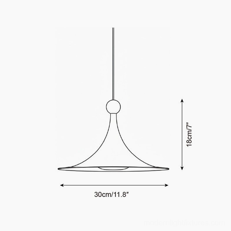 Sirocco small trumpet pendant light technical drawing showing 30cm diameter and 18cm height specifications