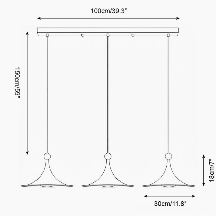 Sirocco triple-head track pendant light technical schematic with 100cm width and 150cm suspension dimensions