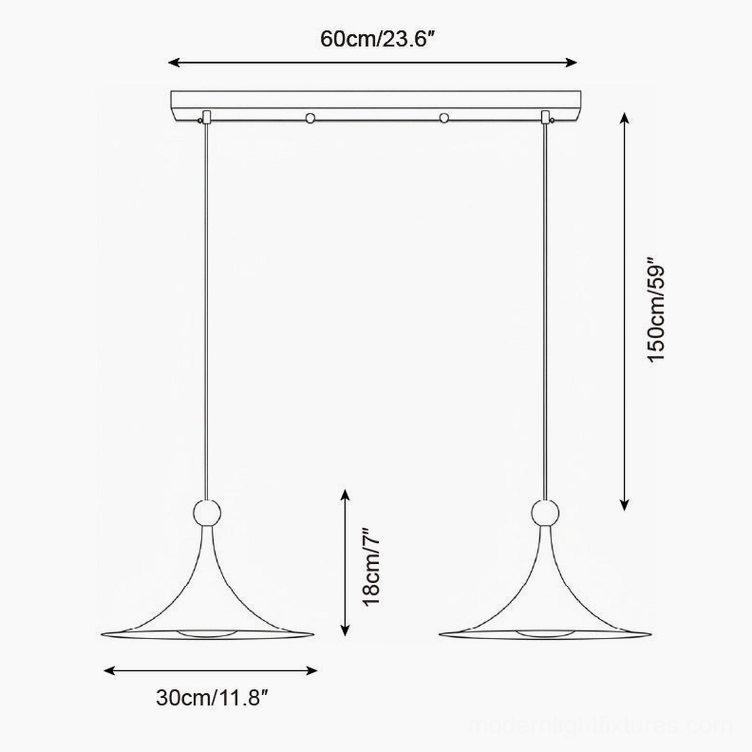 Sirocco dual-head track pendant light technical drawing with 60cm width and 150cm suspension height