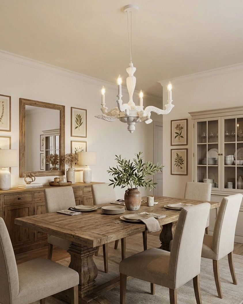 Six-arm white sculptural chandelier in rustic dining room with wooden dining set and warm natural light