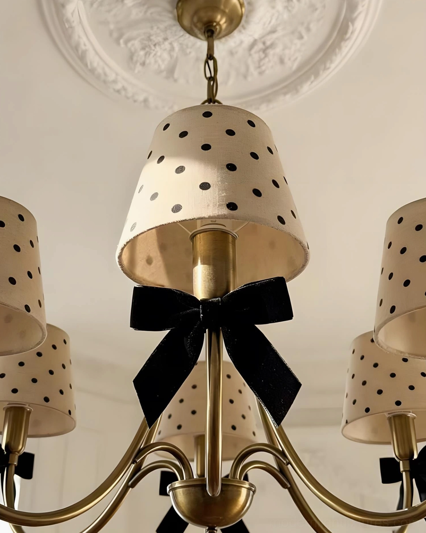 6-head dot chandelier polka dot fabric shades with copper finish frame