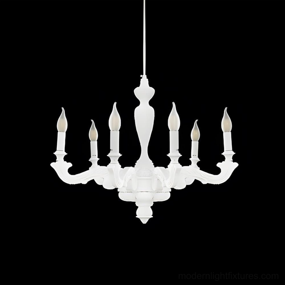 Six-head white Lvoria chandelier suspended in dining room with symmetrical arm design and warm lighting