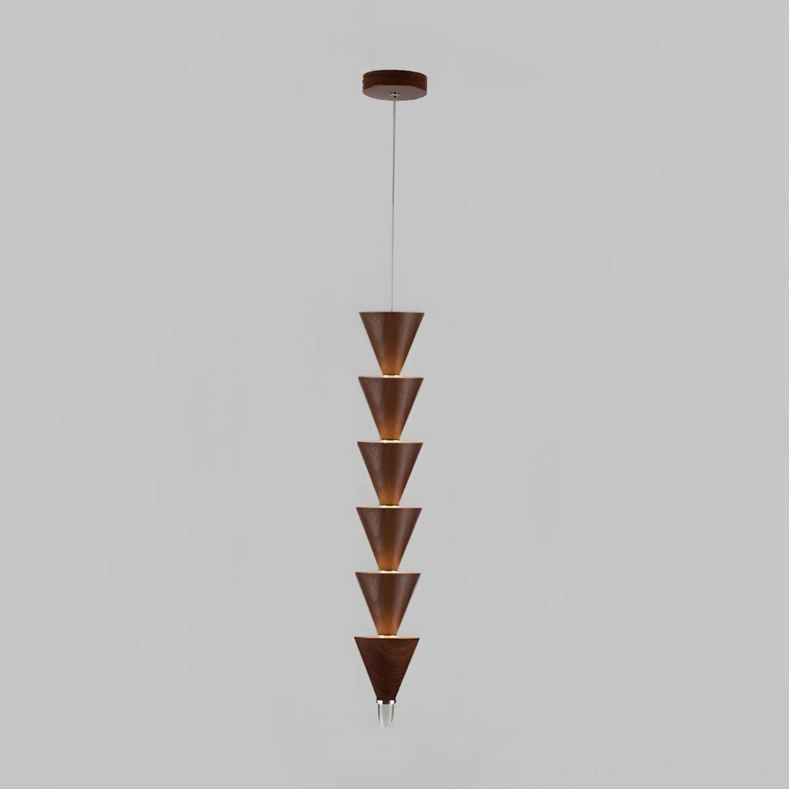 Six-tier stacked cone pendant light with integrated LED bands and warm 3000K color temperature