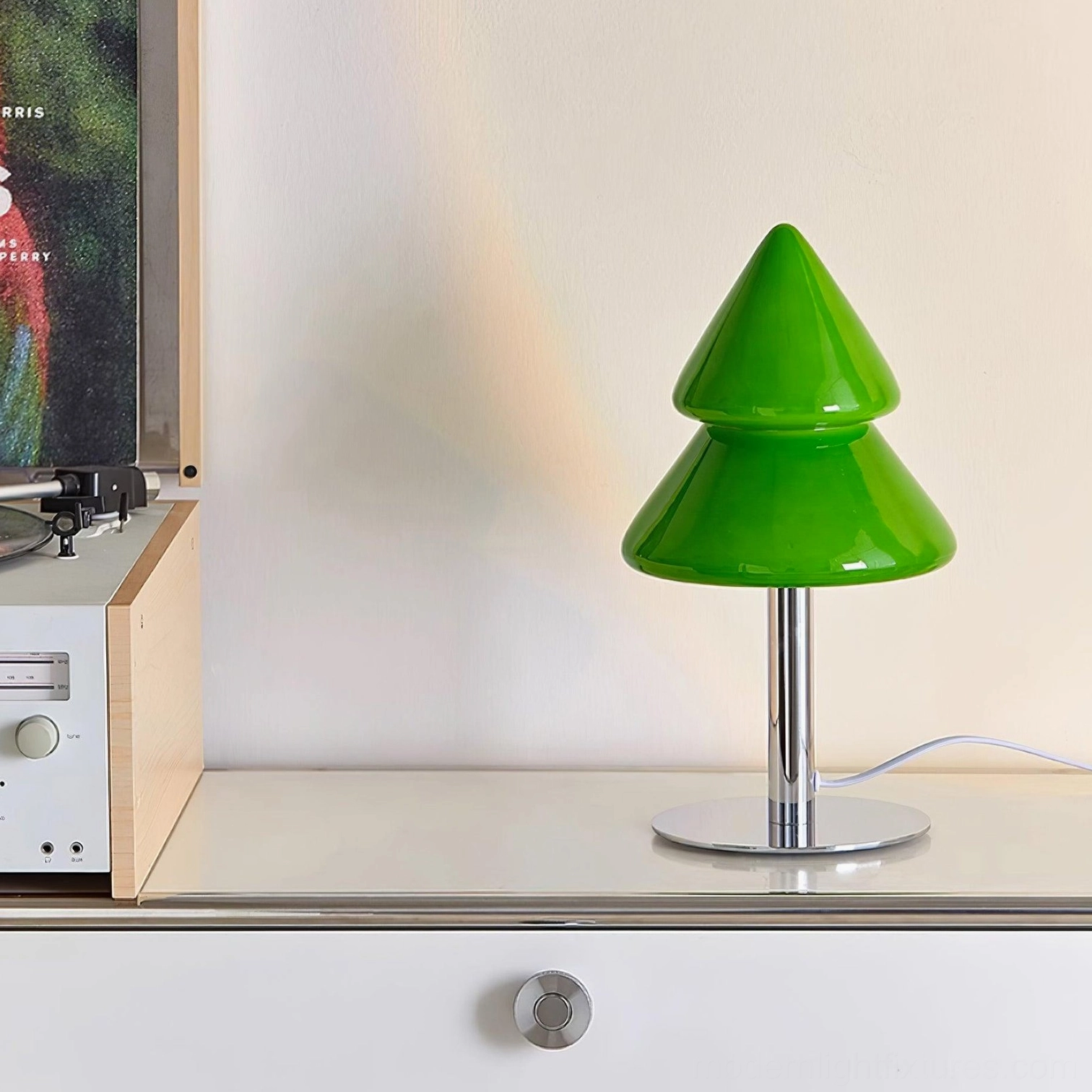 Size comparison and scale of modern Christmas tree table lamp next to common objects