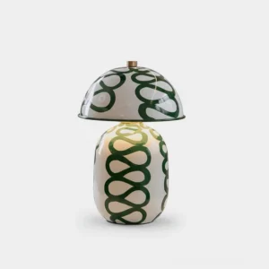 Sketch hand-painted ceramic table lamp with green spiral pattern on glossy dome, front view with brass finial