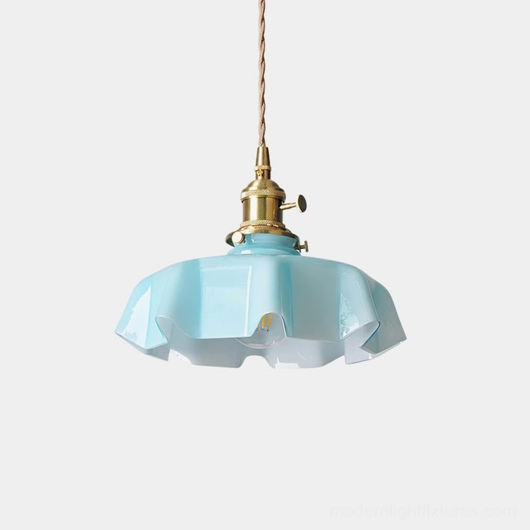 Light blue skirted pleated glass pendant light with brass fixture and twisted cord, front top-down view