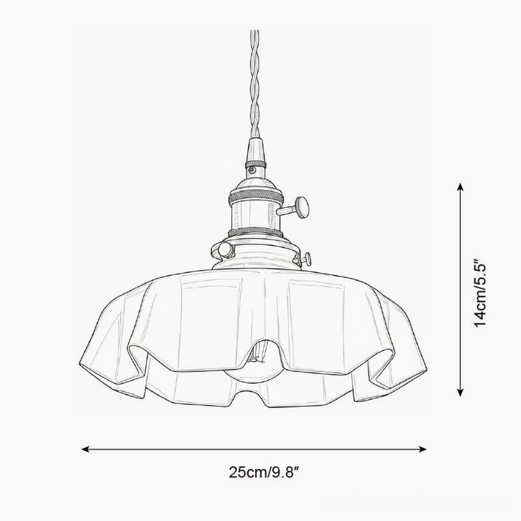 Technical schematic diagram of skirted ripple pendant lamp showing pleated shade design and brass socket with dimensions