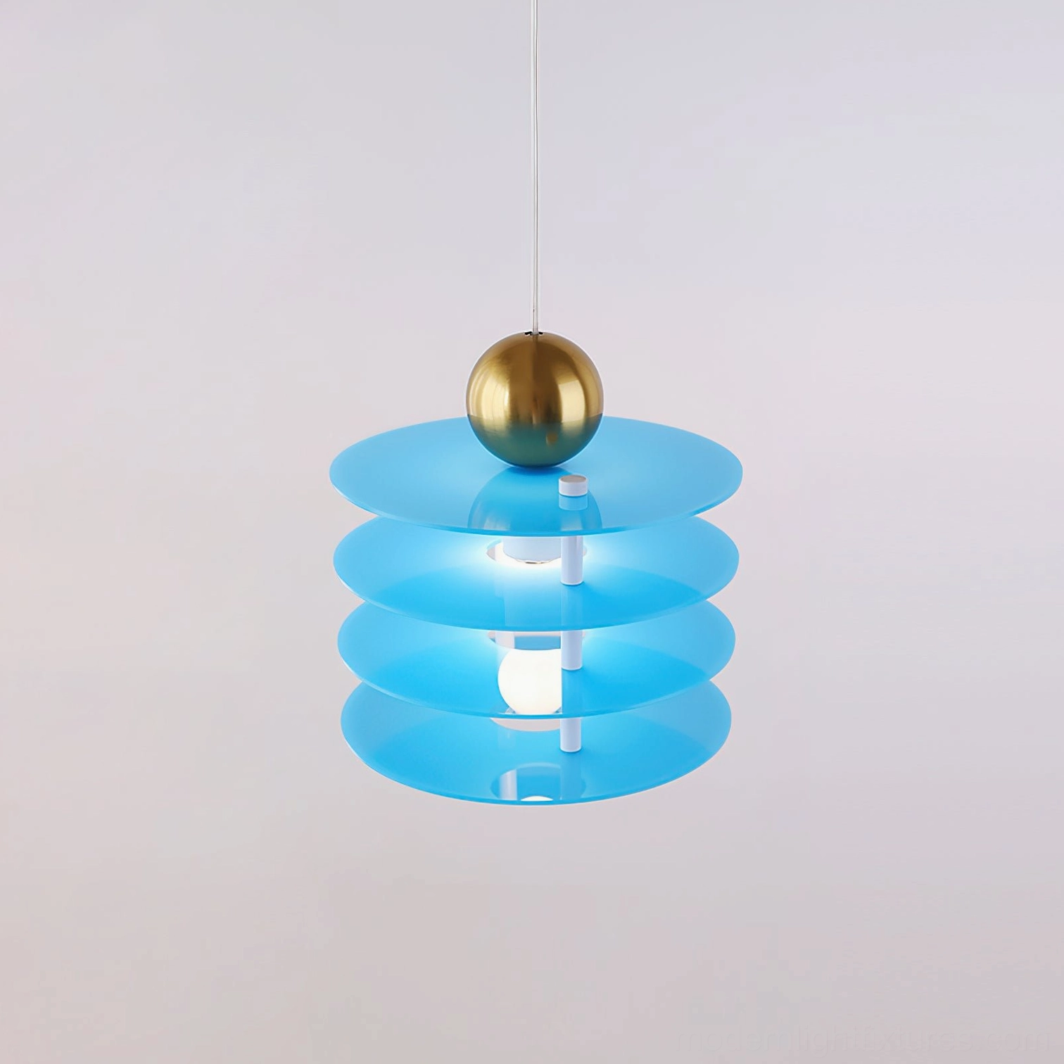 Sky blue and gold tiered acrylic pendant lamp with modern geometric disc design
