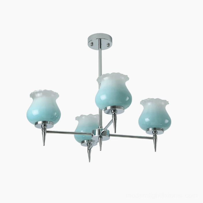 Skylin 4-head compact chrome chandelier with blue ombre tulip glass shades - product display angle