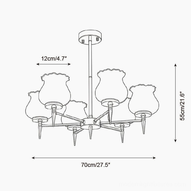 Skylin 6-arm chandelier orthographic design drawing with measurement callouts for installation planning