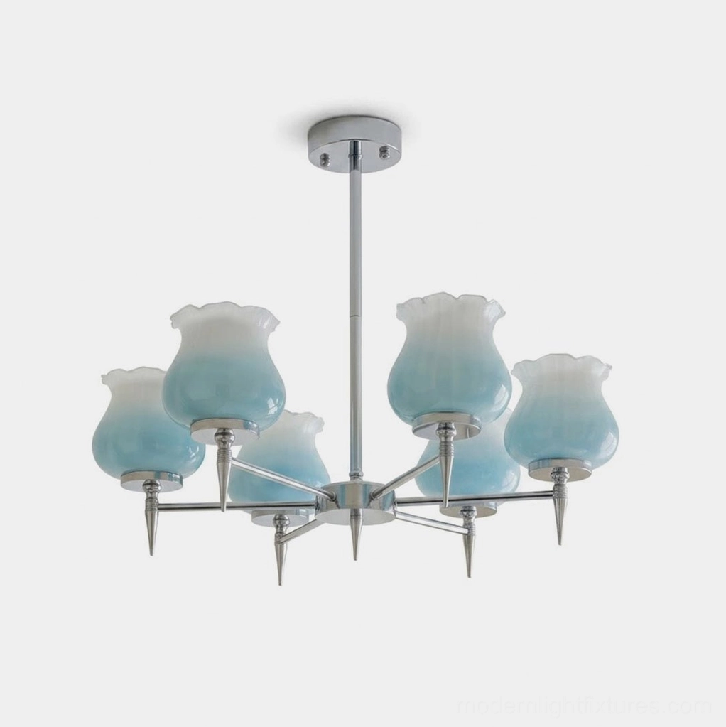 Skylin 6-arm chrome chandelier with ombre blue tulip glass shades - front product view