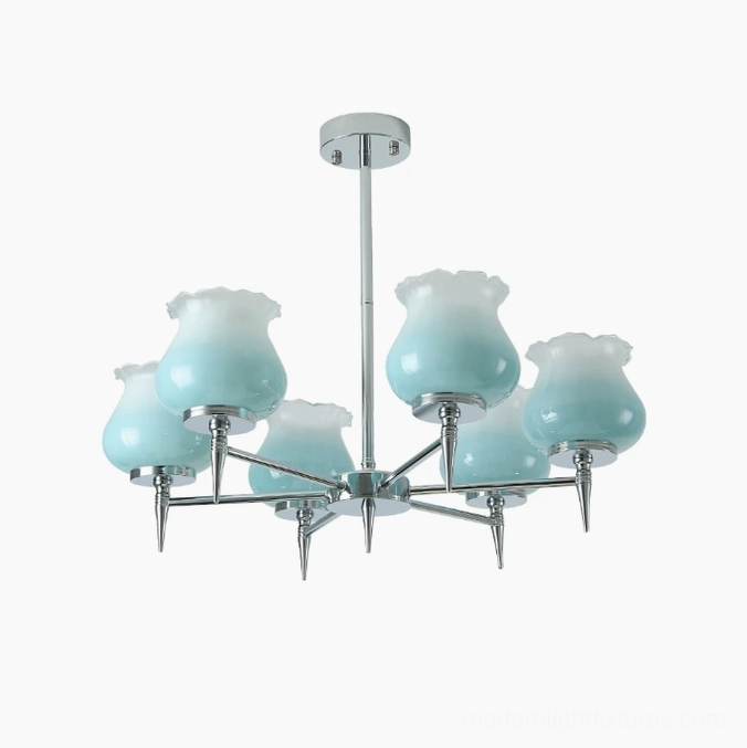 Skylin 6-head chrome chandelier with frosted blue tulip shades - professional product photograph