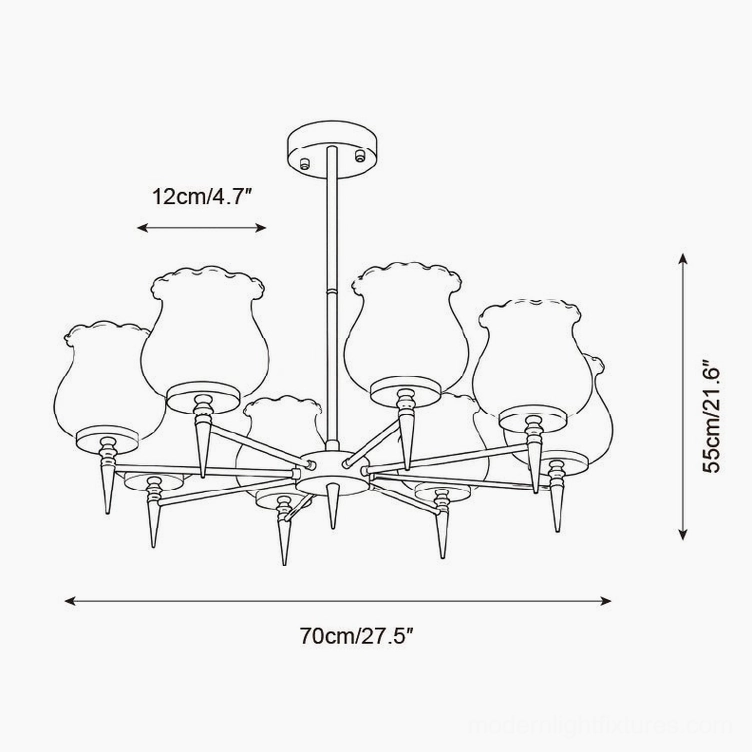 Skylin 8-arm extended chrome chandelier technical drawing showing full arm span configuration