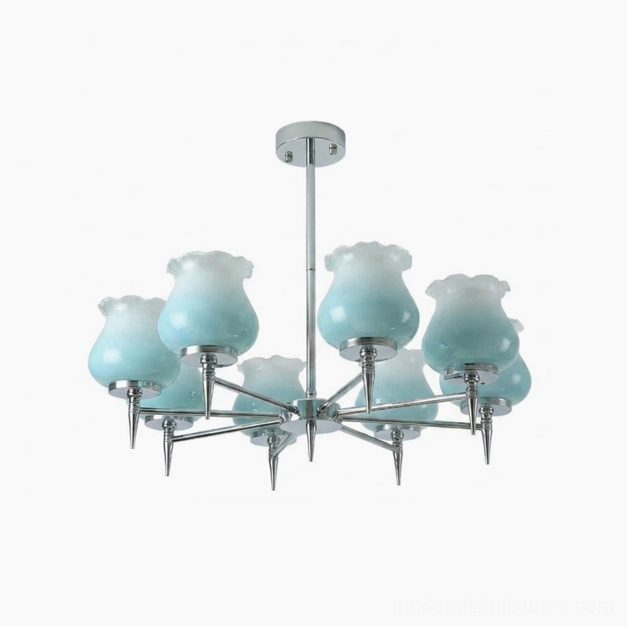 Skylin 8-head extended chrome chandelier with ombre tulip glass shades - full product display