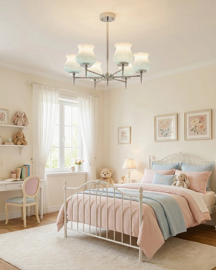 Skylin 6-arm chrome chandelier mounted in cottage bedroom with soft blue ombre glass shades and warm neutral bedding