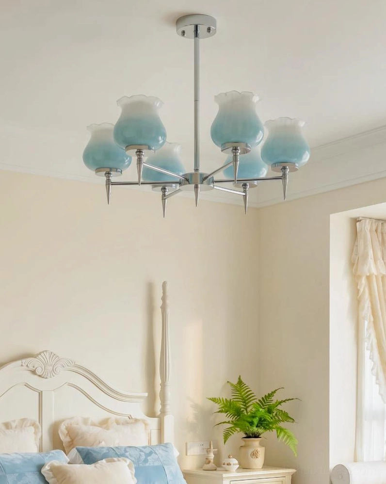 Skylin multi-arm chrome chandelier shade detail showing polished chrome frame and upward-facing tulip configuration