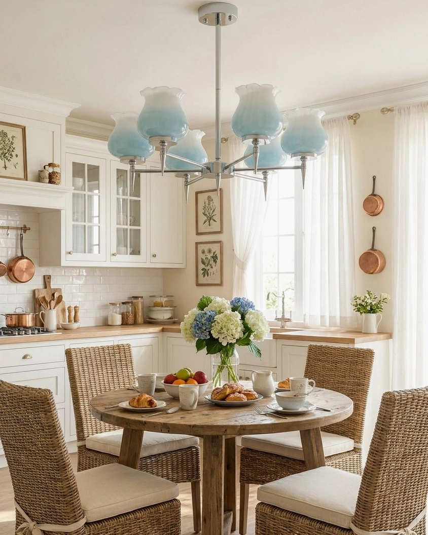 Skylin 6-head chrome chandelier mounted above round wooden dining table with rattan chairs in farmhouse dining kitchen space