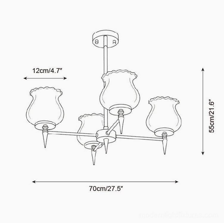 Skylin chandelier technical dimension drawing showing 70cm width and 55cm height specifications