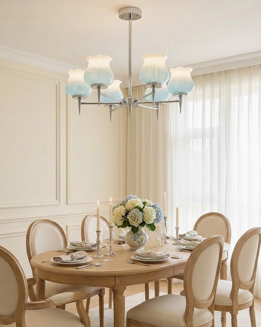 Skylin chrome tulip glass chandelier close-up detail showing ruffled rim and ombre white-to-blue gradient finish