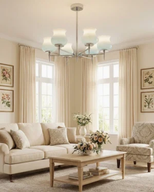 Skylin chrome chandelier with blue gradient tulip shades installed in modern farmhouse living room with warm neutral decor
