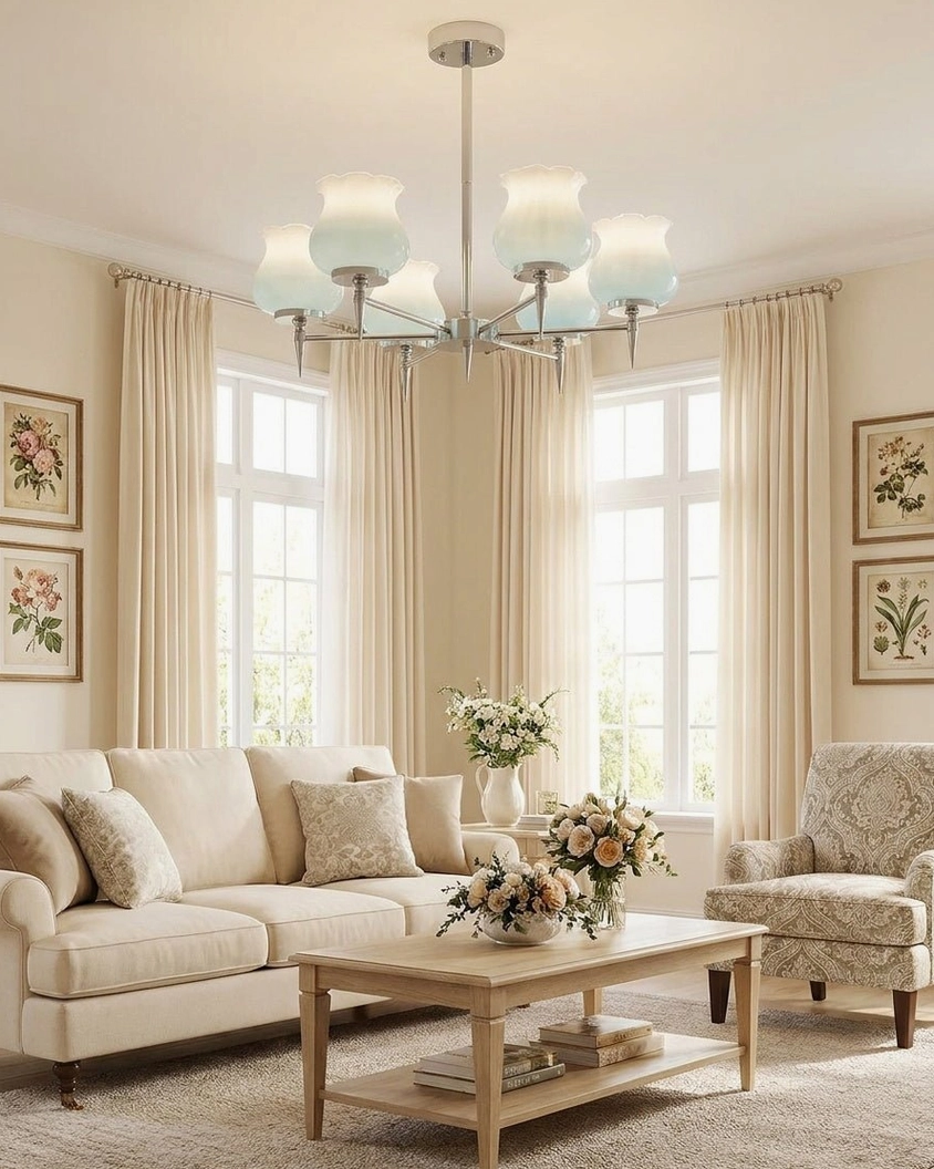 Skylin chrome chandelier with blue gradient tulip shades installed in modern farmhouse living room with warm neutral decor
