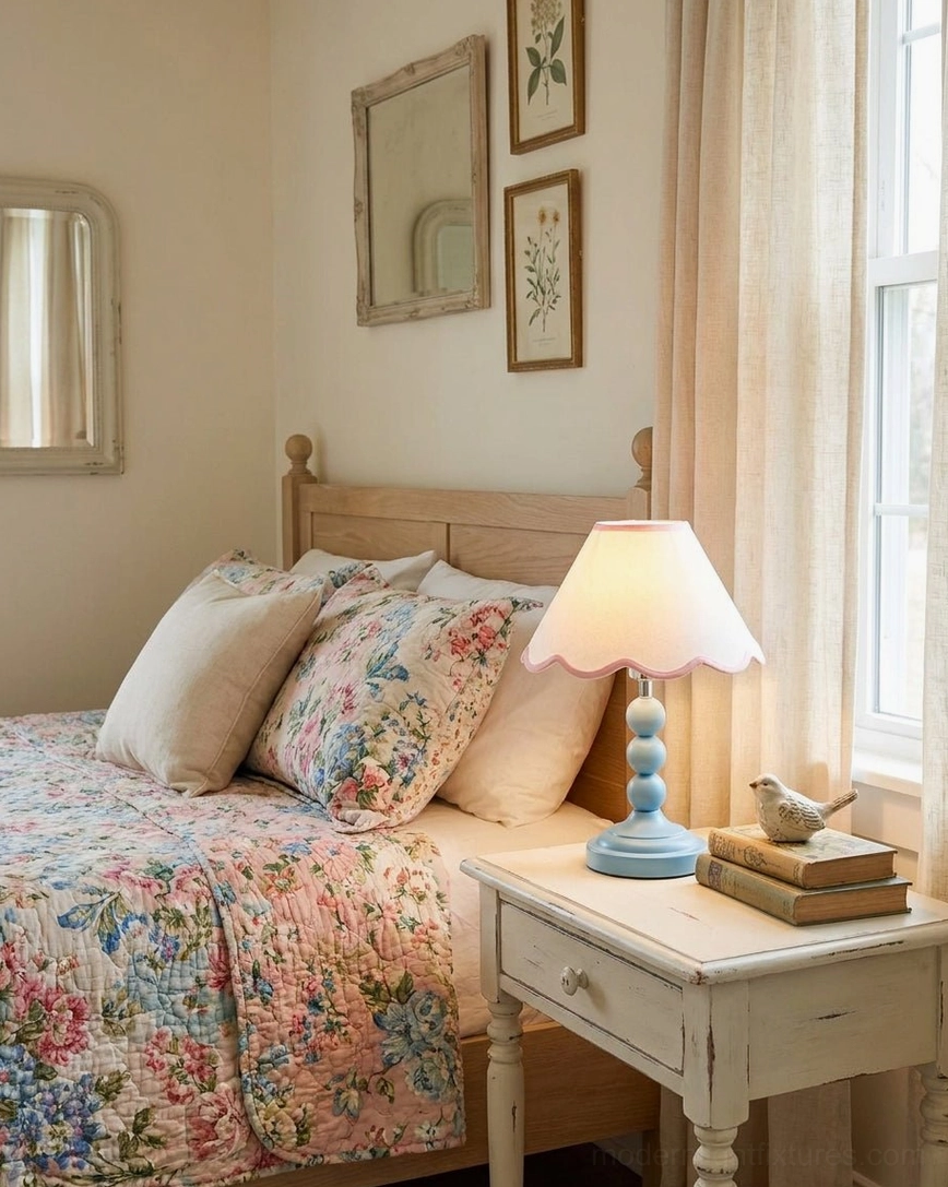 Skylisse table lamp bedside setting with floral quilted bedding, wall art, and soft ambient bedroom lighting
