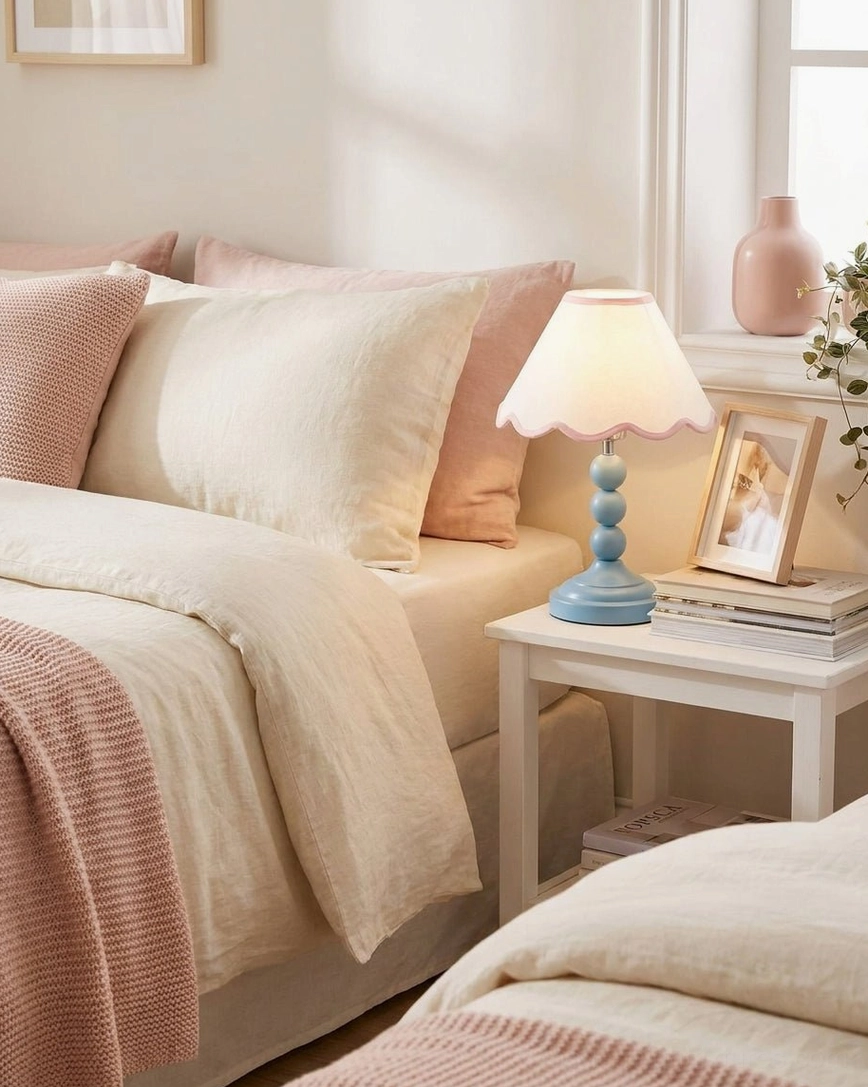 Skylisse table lamp on bedroom nightstand paired with pink-toned bedding and neutral home decor, bedside lighting